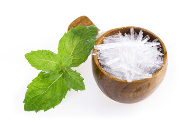 Menthol Crystal  and Mint leaves isolated on a white background.