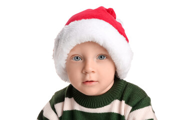 Cute little baby in Santa hat on white background