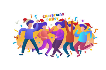 Colorful vector illustration with young happy dancing people. People celebrate New Year or Christmas.
