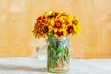 A bouquet of orange-red zinnias in a jar on a rustic background.