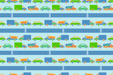 Fototapeta premium Car road. Play mat for children activity. Seamless pattern. Kid's rug. Hand drawn sketch. Colorful background. Boy texture for textile