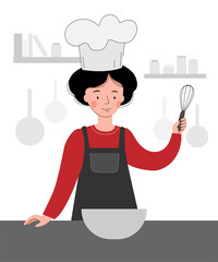 Vector scene with a cook in the kitchen. Woman cooking 