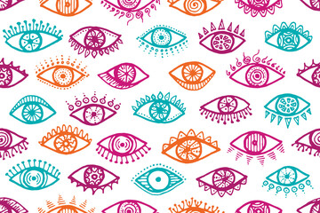 Different female eyes cartoon endless pattern. 