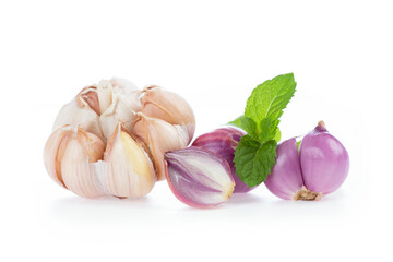 Shallots and garlics isolated on white background.