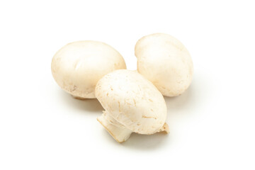 Three raw champignons isolated on white background