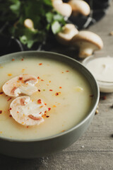 Concept of tasty lunch with bowl of mushroom soup on gray background