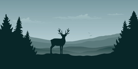 wildlife reindeer mountain view in the fog and forest landscape vector illustration EPS10