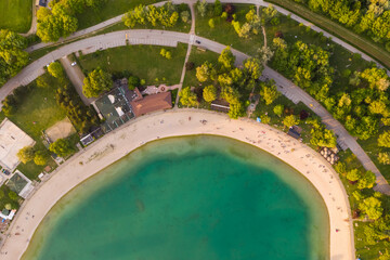 Obraz na płótnie Canvas Aerial view of people enjoying a summer day at Jarun lake, Zagreb, Croatia.