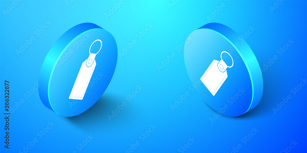 Poster isometric rectangular key chain with ring for key icon isolated on blue background. blue circle butt