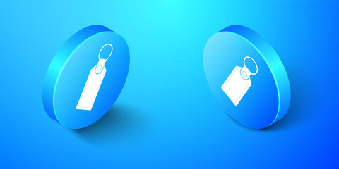 Isometric Rectangular key chain with ring for key icon isolated on blue background. Blue circle button. Vector.