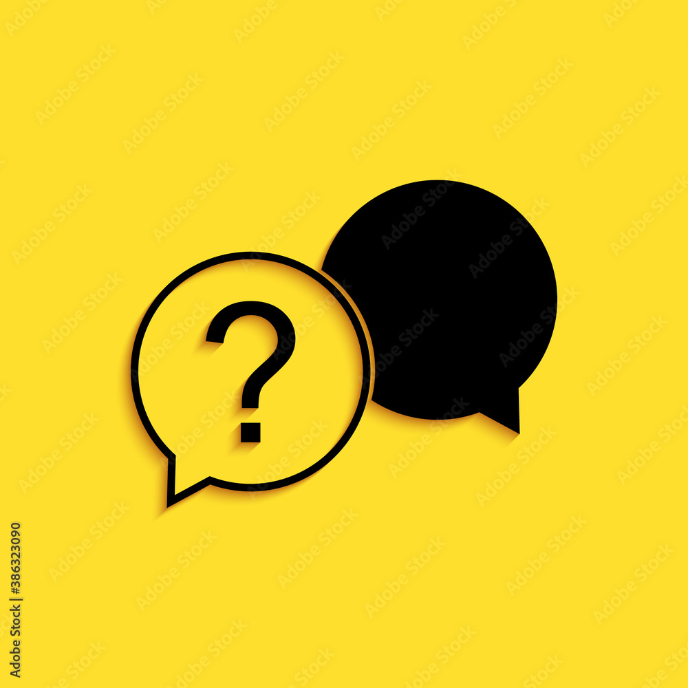 Poster black chat question icon isolated on yellow background. help speech bubble symbol. faq sign. questio