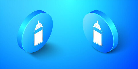 Isometric Baby bottle icon isolated on blue background. Feeding bottle icon. Milk bottle sign. Blue circle button. Vector.