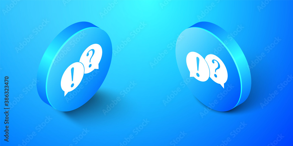 Poster isometric speech bubbles with question and exclamation marks icon isolated on blue background. faq s