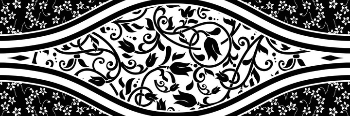 Majolica pottery tile, black and white azulejo, original traditional Portuguese and Spain decor. Seamless border with Victorian motives. Vector illustration.
