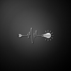 Silver Wire plug and light bulb icon isolated on black background. Plug, lamp and cord in the form of heartbeat. Concept of Electricity and lighting. Long shadow style. Vector.