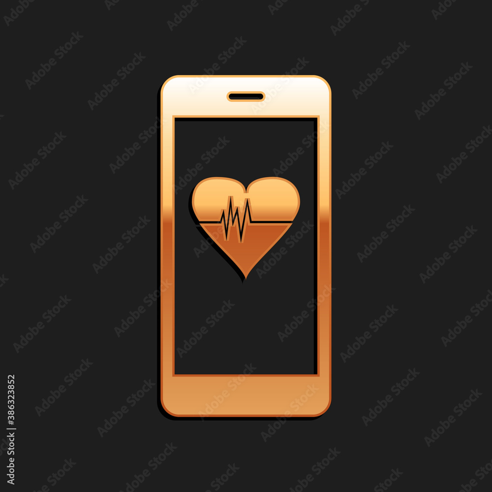 Poster gold smartphone with heart rate monitor function icon isolated on black background. long shadow styl