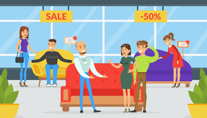 Obraz premium People Shopping in Furniture Store, Shop Assistant Helping Family Couple to Choose Sofa Vector Illustration