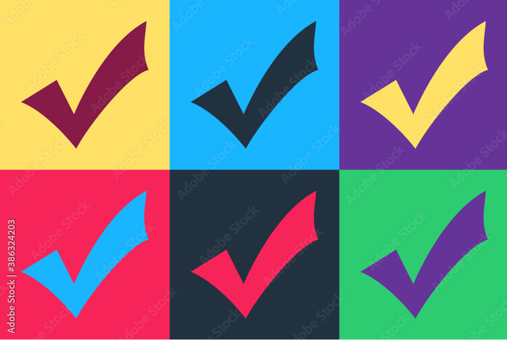 Poster pop art check mark icon isolated on color background. tick symbol. vector.
