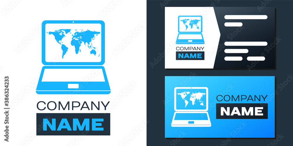 Poster logotype laptop with world map on screen icon isolated on white background. world map geography symb