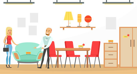 People Shopping in Furniture Store, Man Shop Assistant Helping Woman to Choose Armchair Vector Illustration