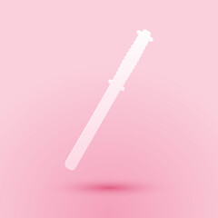 Paper cut Police rubber baton icon isolated on pink background. Rubber truncheon. Police Bat. Police equipment. Paper art style. Vector.