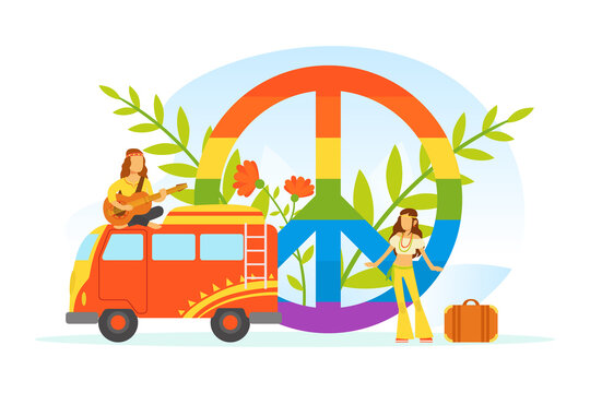 Hippie Characters, Old Retro Classic Traveling Van and Rainbow Peace Symbol, Happy People Wearing Retro Clothes of the 60s and 70s Vector Illustration