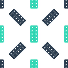 Green Pills in blister pack icon isolated seamless pattern on white background. Medical drug package for tablet: vitamin, antibiotic, aspirin. Vector.