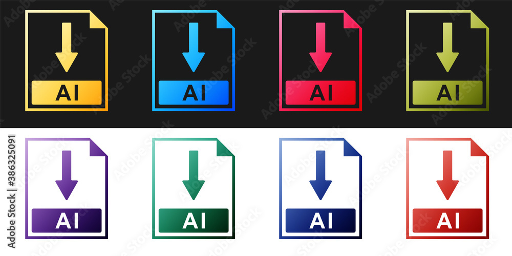 Poster set ai file document icon. download ai button icon isolated on black and white background. vector.