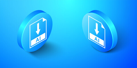 Isometric AI file document icon. Download AI button icon isolated on blue background. Blue circle button. Vector.