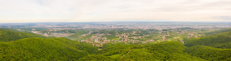 Panoramic aerial view of Zagreb cityscape from Medvednica mountain, Croatia.