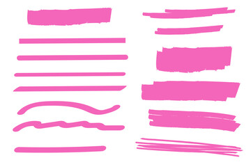Pink brush marker lines. Stroke highlighted stripes. Vector illustration. Stock image. - obrazy, fototapety, plakaty