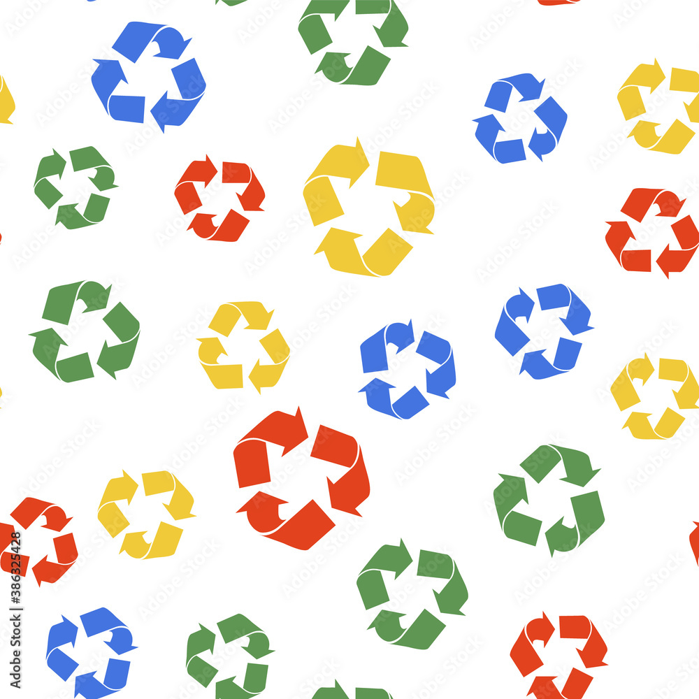 Poster color recycle symbol icon isolated seamless pattern on white background. circular arrow icon. enviro