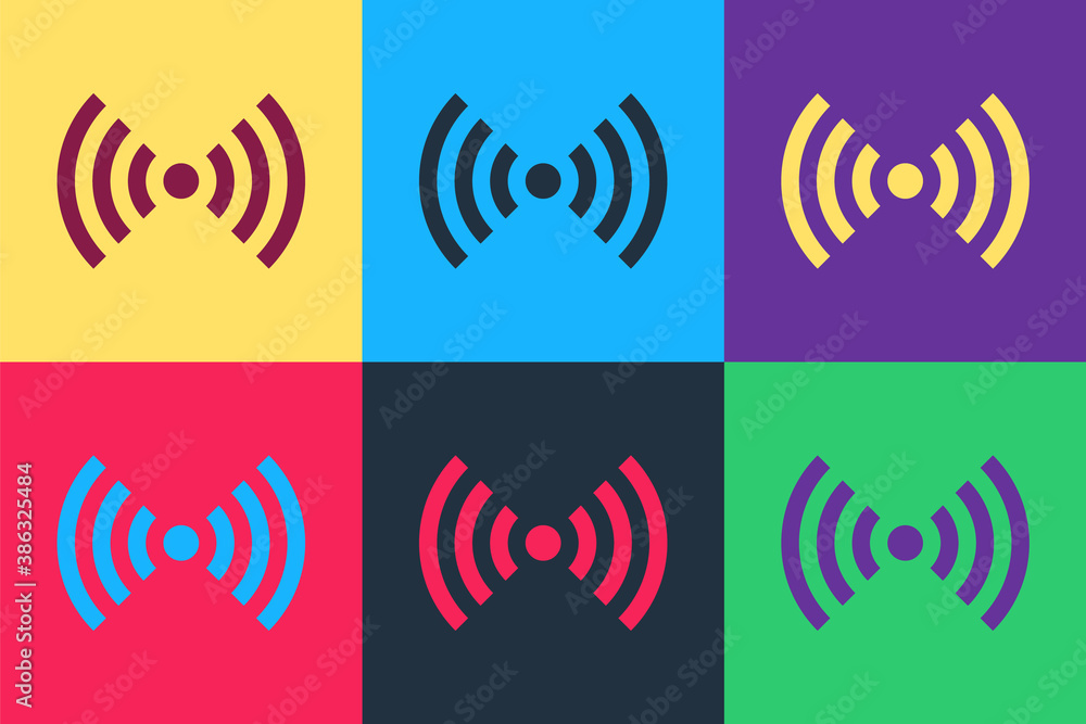 Aufkleber pop art wi-fi wireless internet network symbol icon isolated on color background. vector.