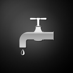 Silver Water tap with a falling water drop icon isolated on black background. Long shadow style. Vector.