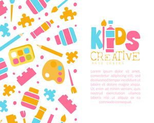 Creative Kids Banner Template with Space for Text, Education, Art, Craft, Creativity Class, School Design, Art Supplies Seamless Pattern Cartoon Vector Illustration