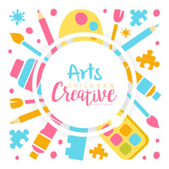 Arts Creative Banner Template, Kids Education, Art, Craft, Creativity Class, School Design Cartoon Vector Illustration