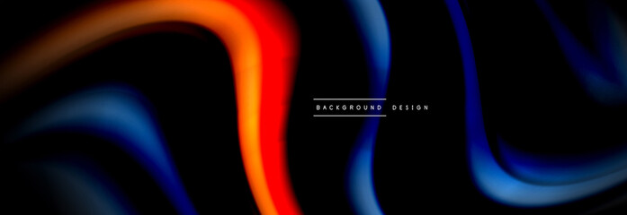 Dynamic motion abstract background. Color blurred stripes on black. Wave liquid lines poster. Vector illustration
