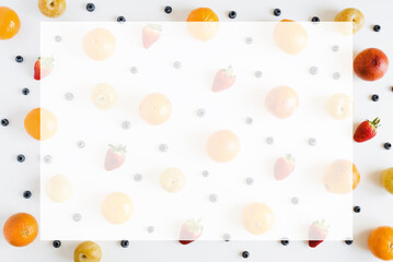 Fruit and berry background with space for text. Food pattern. Text template