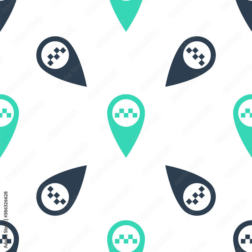 Poster green map pointer with taxi icon isolated seamless pattern on white background. vector.