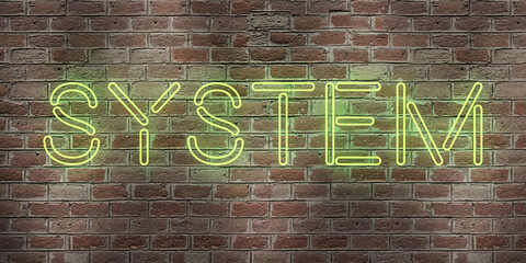 Fototapeta na wymiar System - fluorescent Neon tube Sign on brickwork - Front view. Can be used for online banner ads and direct mailers.. 3d render.
