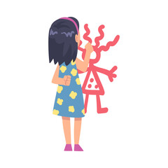 Cute Girl Drawing Stick Figure on Wall, Kid Drawing with Colorful Chalk Pencils and Crayons, Back View Cartoon Style Vector Illustration