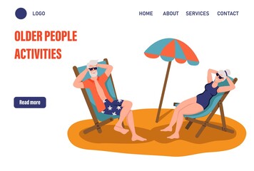 Older people activities page templates. Elderly couple sunbathing on the beach. The concept of active old age. Day of the elderly. Flat vector illustration