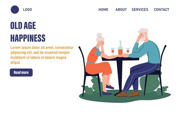 Old age happiness Landing page templates. An elderly couple sitting at a table in a cafe.The concept of active old age. Day of the elderly. Flat vector illustration