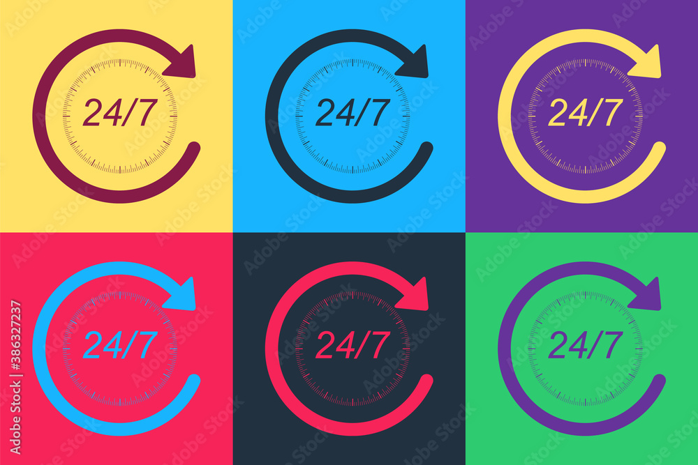 Poster pop art open 24 hours a day and 7 days a week icon isolated on color background. all day cyclic icon