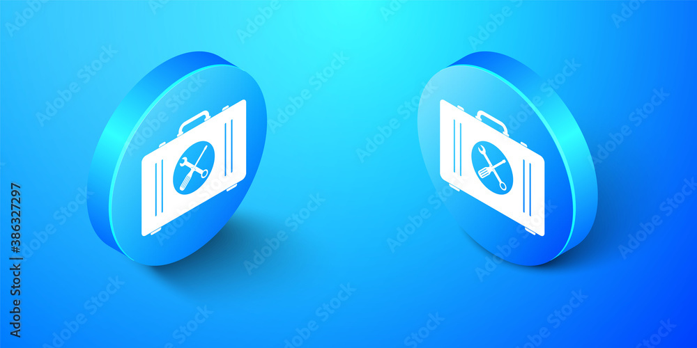Poster isometric toolbox icon isolated on blue background. tool box sign. blue circle button. vector.