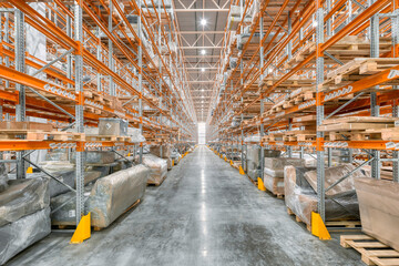 Large warehouse. Tall metal shelves