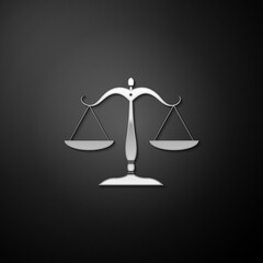 Silver Scales of justice icon isolated on black background. Court of law symbol. Balance scale sign. Long shadow style. Vector.