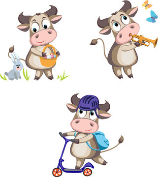 funny bull, bull in various poses and situations, drawing, 2021 year, vector, images