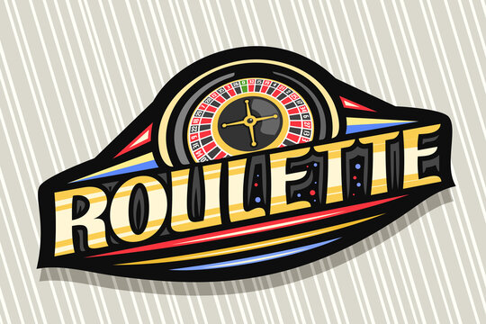 Vector logo for Roulette, dark modern badge with illustration of top view roulette wheel, unique lettering for orange word roulette, gambling sign board with decorative flourishes and trendy line art.