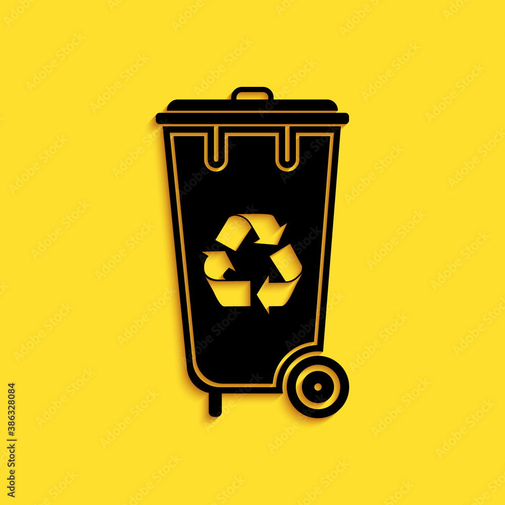 Poster black recycle bin with recycle symbol icon isolated on yellow background. trash can icon. garbage bi